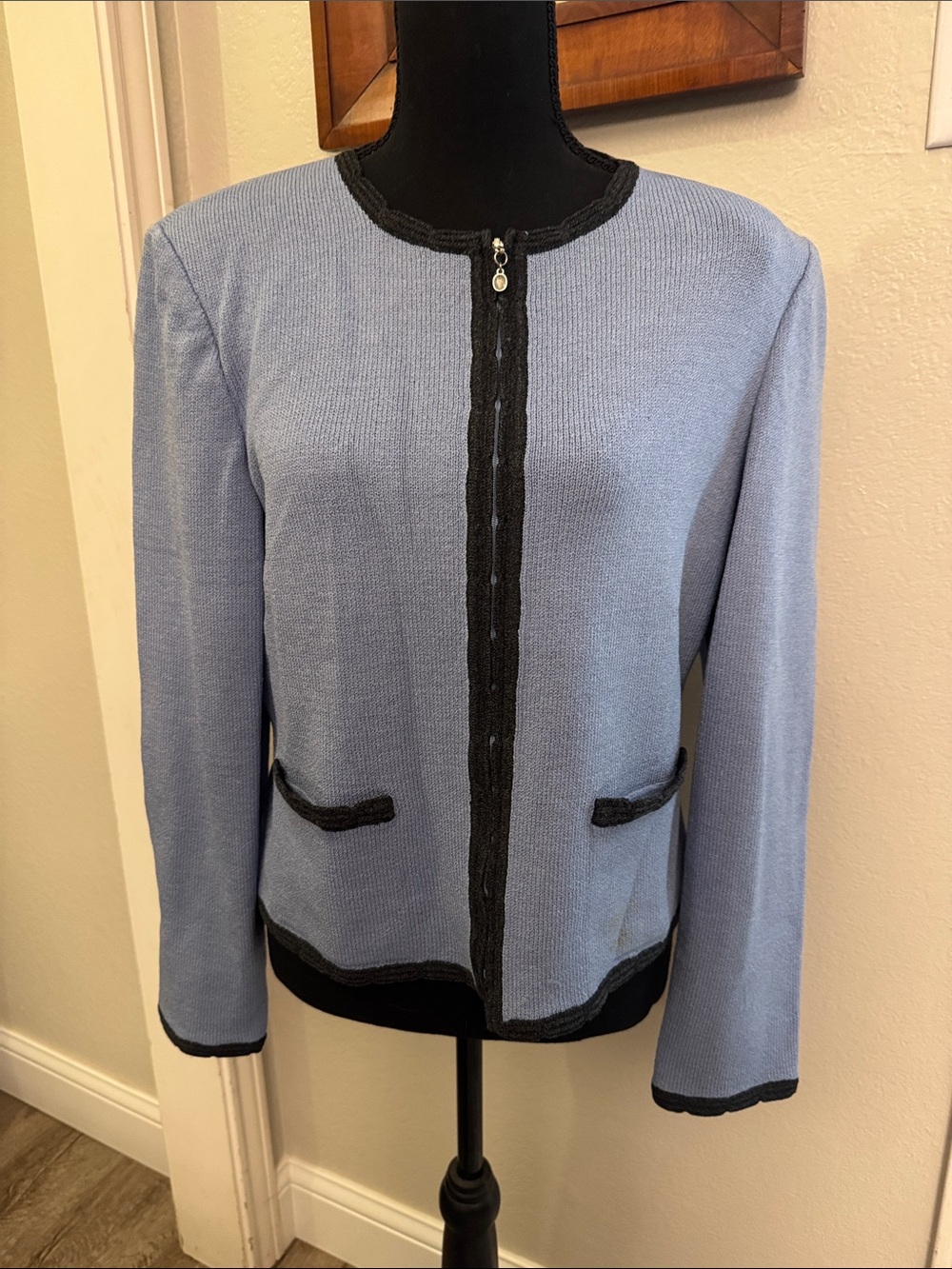 St. John Light Blue Knit Jacket with Grey Trim - has flaw